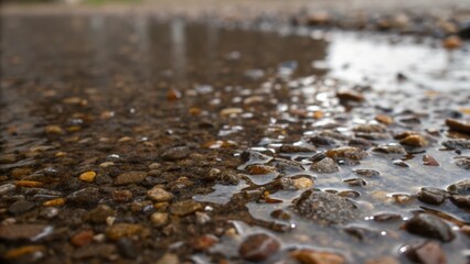 Aufkleber - Close shot of the surface of the crushed aggregate base after a light rain where water pools in the depressions between stones. The wet stones shimmer with a darker hue enhancing