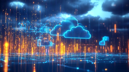 Poster - Futuristic Digital Cloud Computing Concept with Data Streams and Connectivity : Generative AI