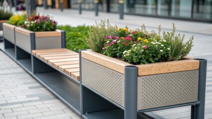 Aufkleber - Closeup of an innovative modular bench system designed with urban functionality in mind. The benches are equipped with integrated planters overflowing with flowering plants adding