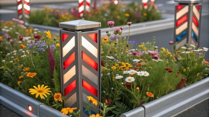 Aufkleber - Closeup of a modular traffic island displaying a vibrant array of wildflowers surrounded by angular reflective barriers that bend light in playful patterns. The exquisite detail of