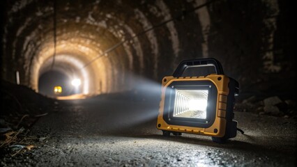Aufkleber - Closeup of a portable floodlight sitting on the ground casting a bright focused beam that s through the darkness of the tunnel. Dust particles dance in the air illuminated by the