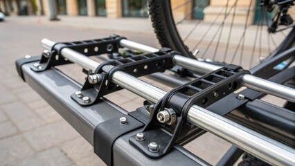 Aufkleber - Closeup of a section of a modular bike rack focusing on the robust mounting hardware designed to securely anchor it to the pavement. The intricate details of bolts and brackets