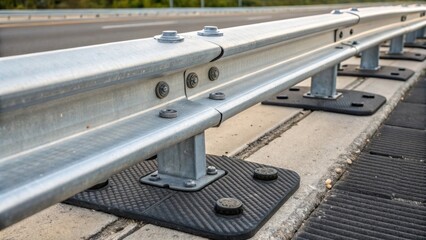 Aufkleber - Closeup of the junction pivot where the guardrails connect with the pavement reveals meticulous engineering. Small rubber pads ensure grip and stability while tiny details like