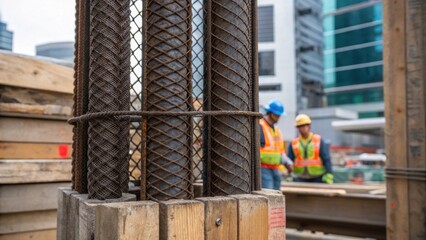 Poster - Closeup of the sy support columns of the scaffolding wrapped in protective mesh where construction workers can be seen wearing safety gear. The texture of the steel contrasts with