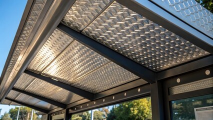 Aufkleber - Closeup of the textured surface of a bus shelters roof with highcontrast patterns created by the interplay of sunlight and shadow. The metallic sheen catches the light while subtle