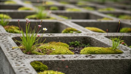 Poster - Closeup of the textured surface of a concrete modular planter box featuring moss growing in the shallow crevices with delicate wildflowers emerging from the soil highlighting