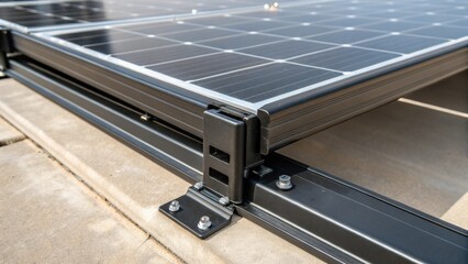Poster - Closeup on the solar panel brackets end where it meets the edge of a blackframed solar panel. The seamless fit between the mount and the panel illustrates meticulous design