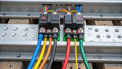 Poster - Closeup on the electrical mechanisms integrated into the track switches featuring various wires and connectors. The vibrant colors of the wiring stand out against the metallic