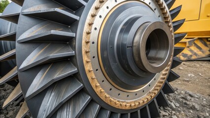 Wall Mural - Closeup view of a massive rotating ter head with its sharp serrated edges designed for slicing through earth and rock surrounded by a protective casing that is slightly scuffed