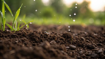 Poster - Closeup photography emphasizes the dampness of the freshly dug earth. Moist soil glistens in the light contrasting with the drier brighter soil collected nearby. Water droplets