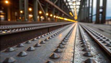 Aufkleber - Extreme closeup of the textured surface of a steel reinforcement beam with sharp metallic edges and small rivets bolting it to the surrounding infrastructure while subtle