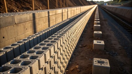 Fototapete - Focused on the junction where two modular retaining wall sections meet showcasing the precise engineering of the connection. The light casts intricate shadows highlighting small