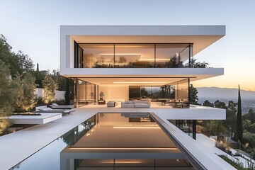 Poster - Luxurious Modern Architectural House with Infinity Pool at Sunset View : Generative AI