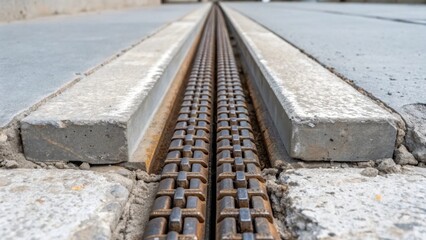 Aufkleber - Image focusing on a pair of aligned expansion joints each exhibiting a series of tightly interlocking metallic plates reflecting the wear of time with slight rusting set against