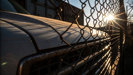 Aufkleber - In a dramatic composition the sunlight filters through the gaps between the coils of protective fencing casting intricate shadows on the trucks surface. This interplay of light and