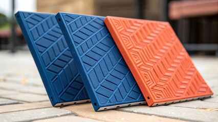 Aufkleber - In this closeup shot the overlapping edges of colorful modular panels create a dynamic visual rhythm. Each panel boasts a different hue ranging from deep blue to vibrant orange