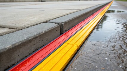 Aufkleber - In this closeup the bright colors of the expansion joint contrast sharply with the drab gray of the surrounding concrete. The joint is surrounded by a slight sheen of water hinting