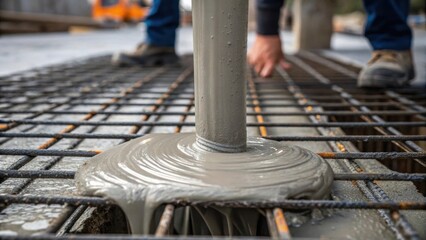 Aufkleber - In this closeup view liquids from the freshly poured concrete cascade over the rebar grid as a worker edges the concrete into place. The scene captures the union of industrial