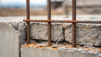 Poster - Macro view of a barrier where rusted metal reinforcement bars protrude from the concrete highlighting the structural integrity hidden within. The contrast between the rough