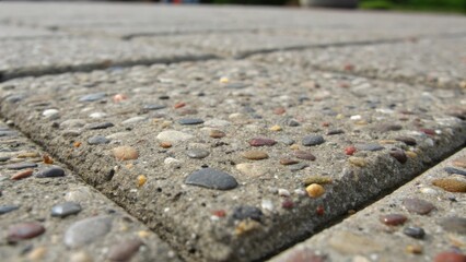Aufkleber - Macro shot of the surface of a single concrete paver showcasing the fine aggregate and small stones embedded within the material. The varied textures and colors create an intricate