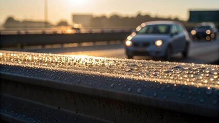 Aufkleber - Morning sunlight illuminates the barriers surface where a few drops of dew shimmer like diamonds. In the background blurred outlines of cars on the bypass add a sense of movement