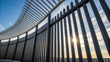 Aufkleber - Multiple modular fencing panels arranged in a semicircle with sunlight filtering through the gaps. The interplay of light and shadow creates an intricate pattern emphasizing the