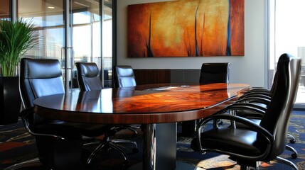 Wall Mural - A large boardroom with comfortable chairs surrounding a sleek, dark wood table in a corporate setting