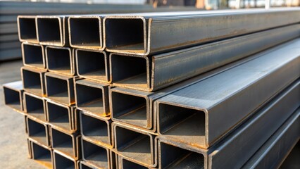 Aufkleber - Steel girders stacked neatly showcasing a uniformity in their dimensions. The polished surfaces reflect surrounding materials while the interplay of light creates glimmers and