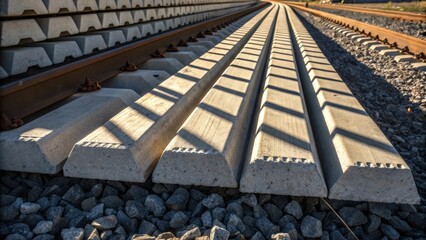 Aufkleber - Sunlight casts sharp shadows across a compact arrangement of stacked precast rail ties highlighting the rough edges and seam lines while a few tered gravel stones rest beside them