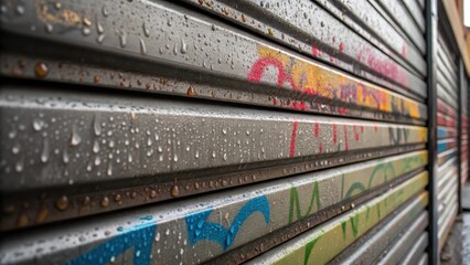 Poster - Textured panels of a modular parking garage are captured in close detail revealing weathered surfaces mixed with vibrant splashes of graffiti. Water droplets cling to the corners