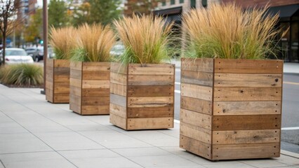 Poster - Tall planter boxes made of reclaimed wood stand proudly by the sidewalk each filled with ornamental grasses that sway gracefully in the wind. The natural variations in the wood