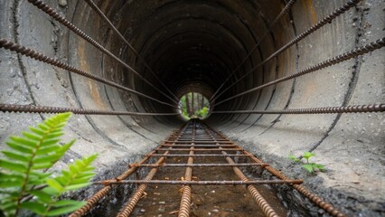 Aufkleber - The crosssection of a culvert reveals its reinforced structure showcasing steel rebar embedded within the concrete. The rough interior walls highlight the materials strength and