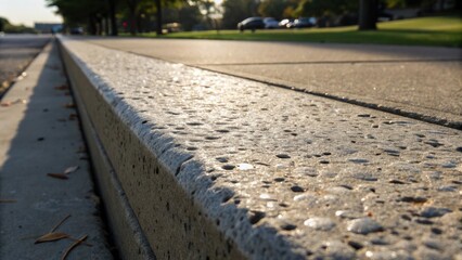 Aufkleber - The edge of a precast pedestrian walkway slab with a focus on the intricate detailscracks bumps and the mottled surface texture. The sunlight glints off the aggregates imbedded