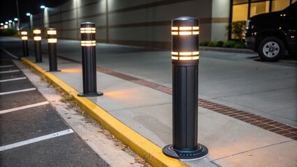 Aufkleber - The focus is on a heavyduty bollard with integrated light fixtures highlighting its dual purpose of providing safety and illumination at night. A set of similarly designed bollards