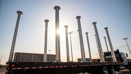 Poster - The flatbed truck showcases several streetlight poles at varying angles with the sun catching their surfaces and creating a play of light. Reflections glisten along the smooth