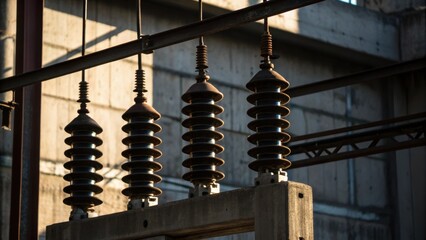 Aufkleber - The image focuses on a halffinished vertical frame where multiple insulators dangle precariously awaiting their connections. The interplay of light and shadow creates a dramatic