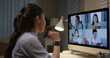 © ChayTee - Happy smile asia young talent woman learn mba college class on webcam video call in desktop screen with cowork friend workforce group talk in sale report. Smart job work at home for staff workspace.