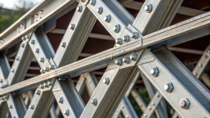 Poster - The interlocking segments of steel trusses form a latticelike configuration with each joint tightly secured with bolts that glimmer under the harsh worksite lights. Close