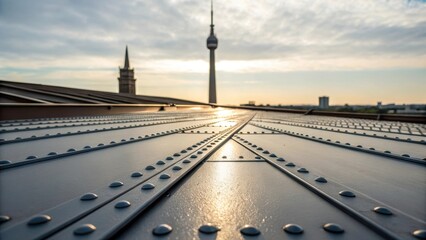 Aufkleber - The interplay of light and shadow is highlighted on a newly installed steel panel with rivets and seams prominently visible indicating the progress of the assembly while the