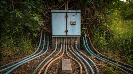 Poster - The intricate maze of cables and conduits emerges from the ground converging at a rustic utility box partially concealed by overgrown weeds. The box itself is painted a faded blue
