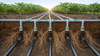 Aufkleber - The intricate network of underground irrigation pipes is visible through a transparent section of soil revealing the organized layout that allows for precise water distribution.