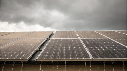 Aufkleber - The panels create a striking contrast against an overcast sky their monochromatic surfaces painted in shades of gray and taupe. Rain droplets cling to the edges glistening in the