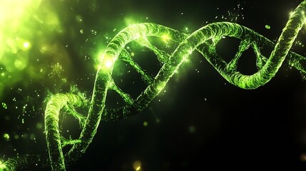 Aufkleber - Glowing Green DNA Helix on Blurred Black Background with Light Particles : Generative AI