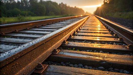 Poster - The rich colors of the wooden sleepers are accentuated in the soft morning light with dew drops clinging to their rough surfaces. The polished rails stand in stark contrast