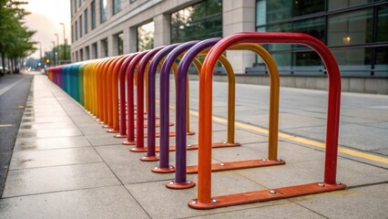 Poster - The surface of a modular bike rack is adorned with a vibrant weatherresistant paint finish showcasing a rich color palette. The texture glimmers as light reflects off the smooth