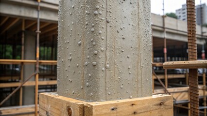 Poster - The surface of a freshly poured concrete pillar shows the texture of the material still wet glistening under the construction site lights. Small droplets of water cling to the