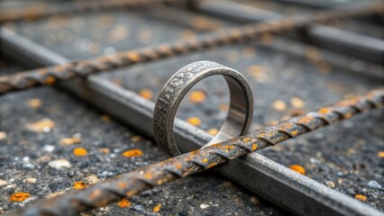 Poster - This closeup showcases a single reinforcement ring emphasizing the fine details of its surface which is marked by the rigors of construction and transportation. Small chips and