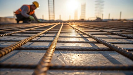 Aufkleber - This image captures a worker in the process of smoothing out a thick layer of wet concrete. The view focuses on the intricate pattern of rebar peeking through the concrete with