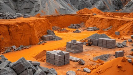 Poster - This perspective highlights the chaotic beauty of an excavation site with tered boulders and a haphazard arrangement of construction materials strewn across the area. The bright