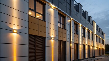 Aufkleber - This shot captures the meticulous alignment of modular cladding panels accented with accent lighting. The panels radiate a warm glow at dusk illuminating the facade and